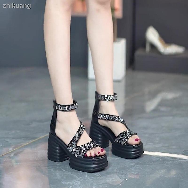 Xăng đan Cao Gót Mũi Vuông Đế Dày Đính Kim Sa Thời Trang Mùa Hè 2023 Mới Cho Nữ