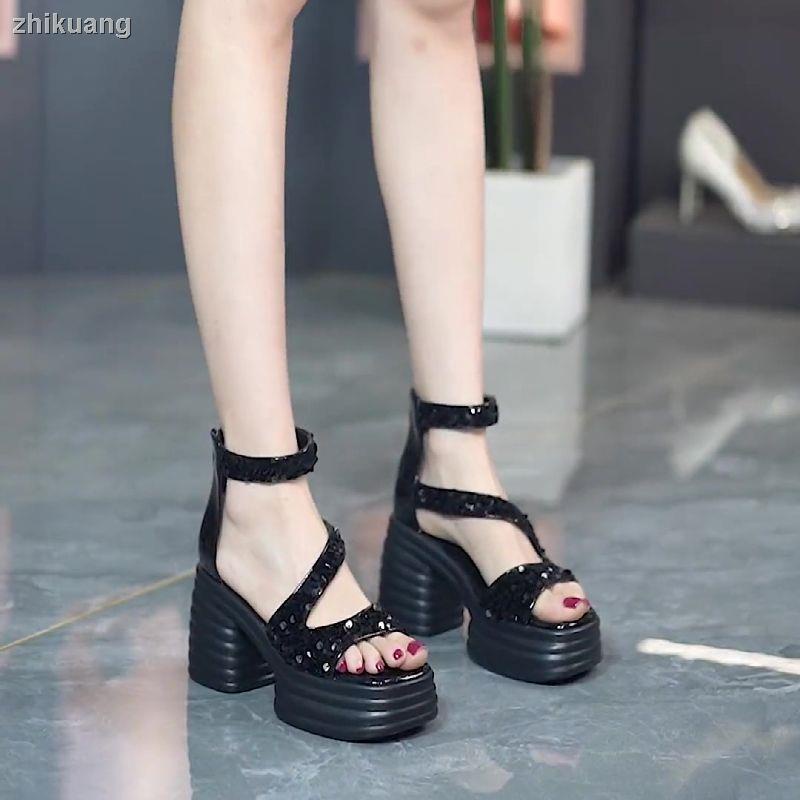 Xăng đan Cao Gót Mũi Vuông Đế Dày Đính Kim Sa Thời Trang Mùa Hè 2023 Mới Cho Nữ