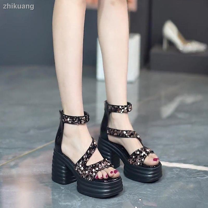 Xăng đan Cao Gót Mũi Vuông Đế Dày Đính Kim Sa Thời Trang Mùa Hè 2023 Mới Cho Nữ