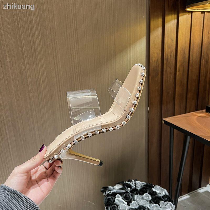 Giày Cao Gót Mũi Vuông Quai Trong Suốt Đính Đá Thời Trang Dành Cho Nữ