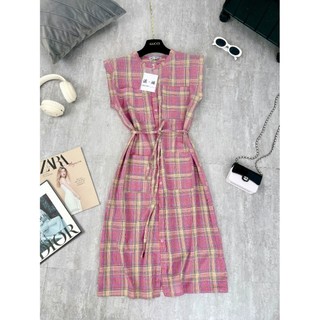𝗩𝗶𝗱𝗲𝗼 𝗔̉𝗻𝗵 𝗧𝗵𝗮̣̂𝘁 ✔  Váy Kẻ Nữ Dáng tay dài Hến 4 Túi Trước Dây Buộc Eo Đầm Nữ Dáng Suông Form Rộng Freesize