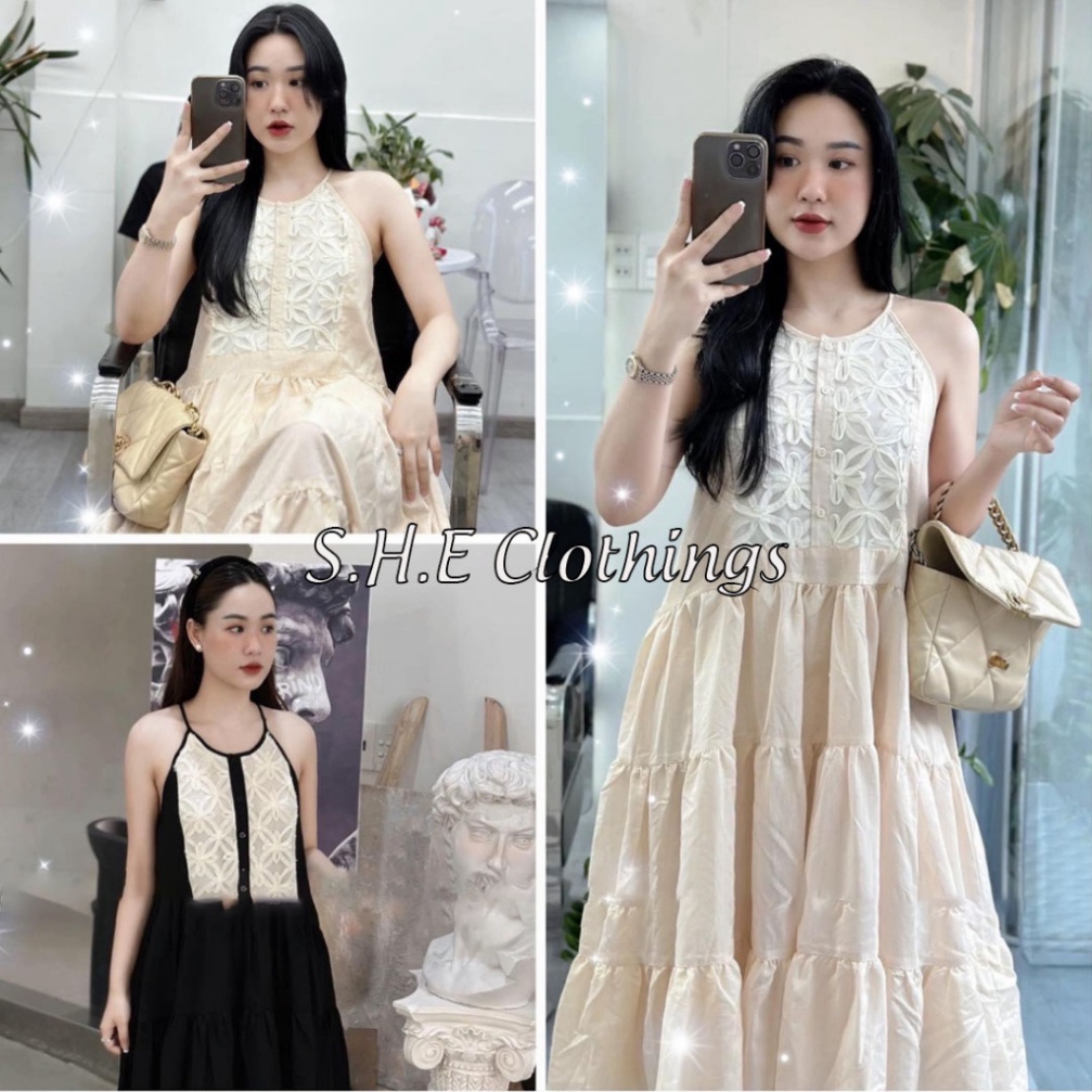 𝗩𝗶𝗱𝗲𝗼 𝗔̉𝗻𝗵 𝗧𝗵𝗮̣̂𝘁 ✔ Váy Yếm Maxi Phối Ren Hoa Ngực Cúc Dọc Đầm Nữ Tiếu Thư Xòe Rộng dáng thon cao Freesize
