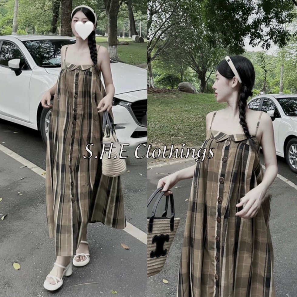 𝗩𝗶𝗱𝗲𝗼 𝗔̉𝗻𝗵 𝗧𝗵𝗮̣̂𝘁 ✔ Váy 2 Dây Nữ Kẻ Nâu Cúc Dọc Khuy Gỗ Gấp Gấu Ngực Đầm Xuông Dáng Rộng Freesize S187