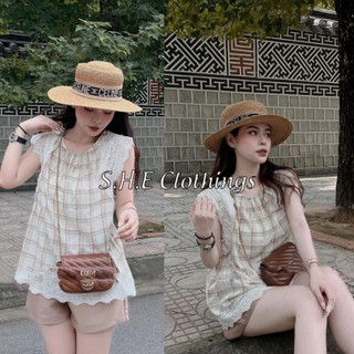 𝗩𝗶𝗱𝗲𝗼 𝗔̉𝗻𝗵 𝗧𝗵𝗮̣̂𝘁 ✔ set trang phục nữ áo sọc kẻ caro thô đũi phối viền ren khóa lưng mix quần sooc nâu taft