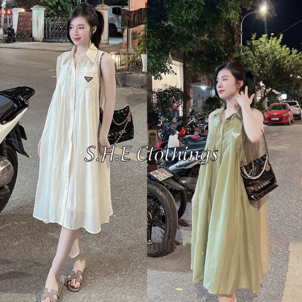 𝗩𝗶𝗱𝗲𝗼 𝗔̉𝗻𝗵 𝗧𝗵𝗮̣̂𝘁 ✔ Váy sượt nách Nữ Cổ sơmi Phối ốp ngực Trước Đính Tag Prada Đầm Suông Xếp Ly Cúc Dọc dán
