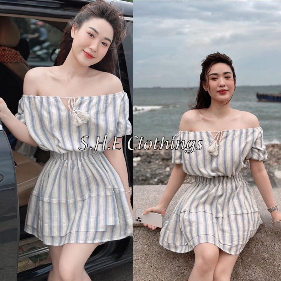 𝗩𝗶𝗱𝗲𝗼 𝗔̉𝗻𝗵 𝗧𝗵𝗮̣̂𝘁 ✔ Jum Nữ Kẻ Dọc Trễ Vai Dây Buộc Tay Phồng Set Váy Jum Ngắn Chun Eo Tay Phồng Freesize S2