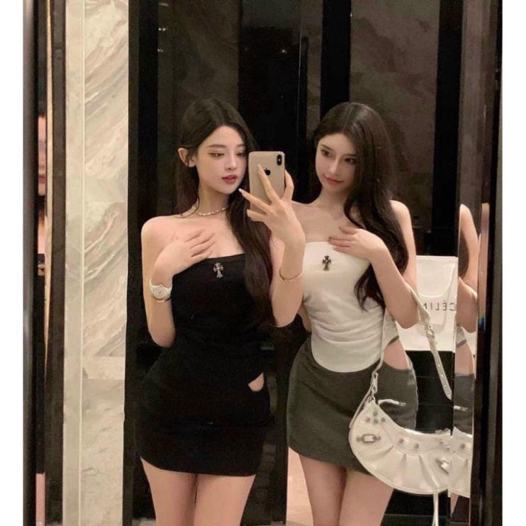 Áo ống cúp ngực  vạt bầu nhún logo chữ thập - B0U hàng xịn, hình thật, clip thật