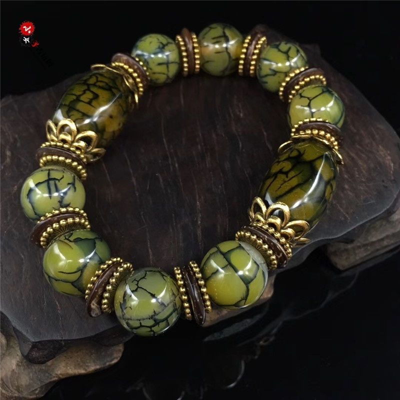 Vòng Tay Chuỗi Hạt Đá Mã Não Ba Mắt Tự Nhiên Họa Tiết Rồng Màu Vàng / Xanh Ngọc Bích Cổ Điển Tây Tạng Dzi Cho Nam Và Nữ 7
