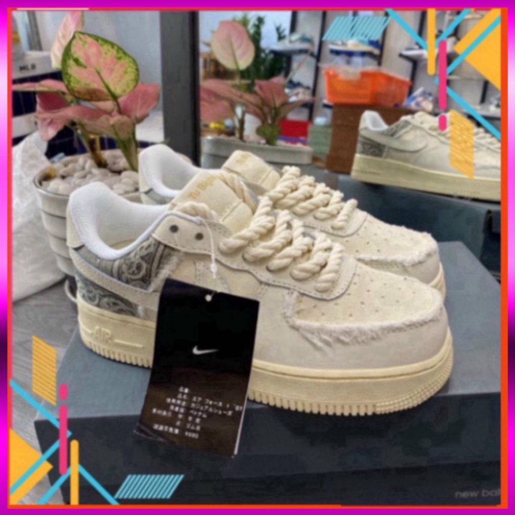 Giày thể thao AF1 dây thừng họa tiết Paisley màu kem, Giày sneaker thổ cẩm dây thừng nam nữ full bill box đi