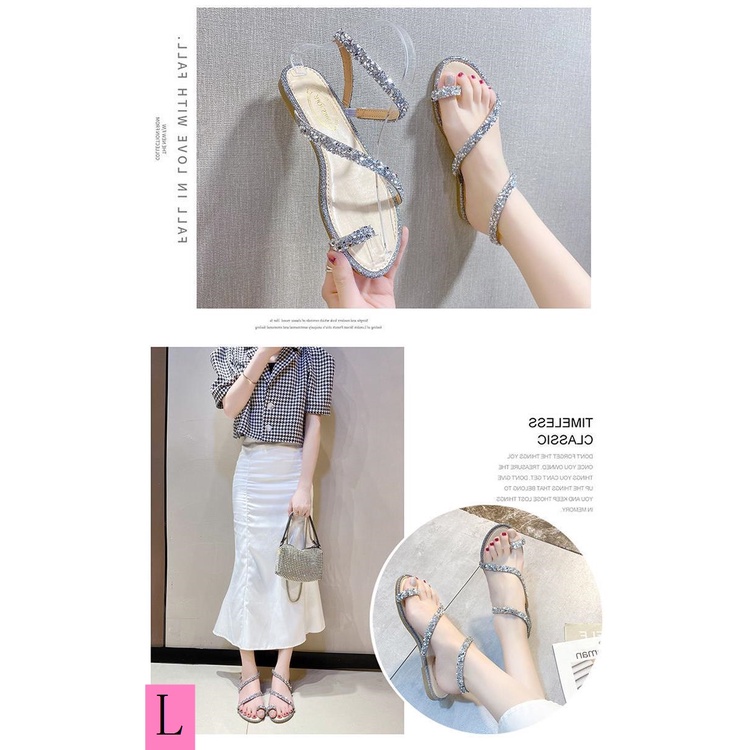 Giày Sandal Thắt Dây Đế Bằng Đính Đá Phong Cách Pháp Thời Trang Mùa Hè 2023 Mới Cho Nữ