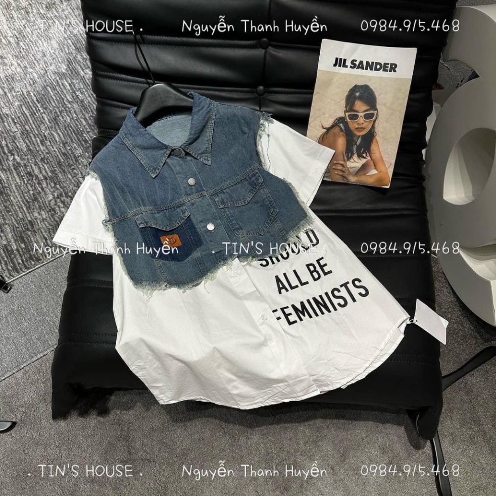 ÁO sơmi TRẮNG COTTON PHỐI JEAN BÒ RÁCH TUA RUA Q&Q
