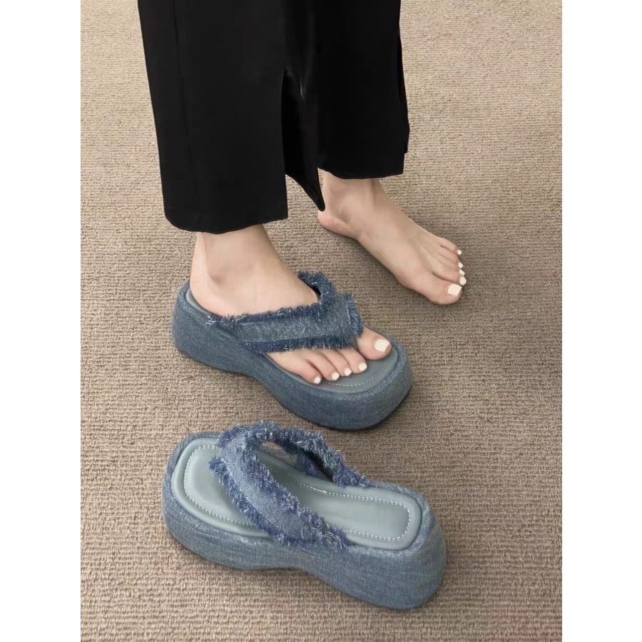 Dép Nữ Nhân Tự Kéo Hè Mặc Denim Vải Dày Mùa Bên Ngoài