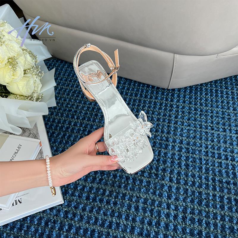 One Giày Cao Gót Hở Ngón Mũi Vuông Đính Đá Thời Trang Mùa Hè 2023 Cho Nữ