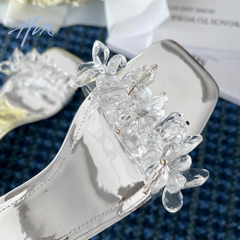 One Giày Cao Gót Hở Ngón Mũi Vuông Đính Đá Thời Trang Mùa Hè 2023 Cho Nữ