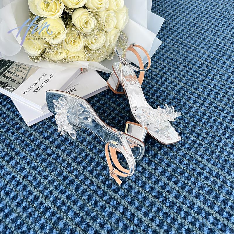 One Giày Cao Gót Hở Ngón Mũi Vuông Đính Đá Thời Trang Mùa Hè 2023 Cho Nữ