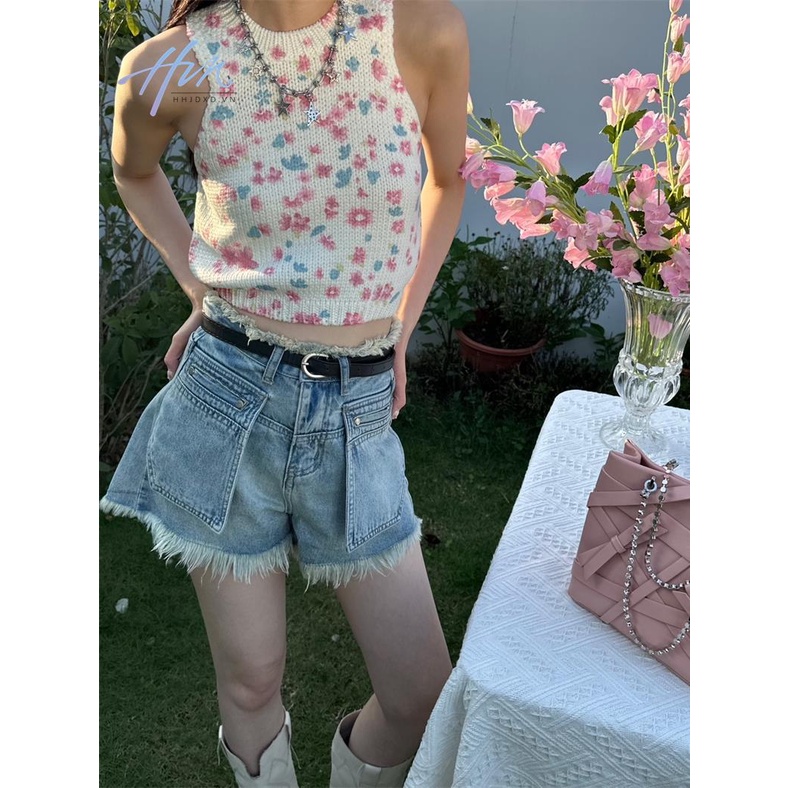 Áo Hai Dây Dệt Kim Họa Tiết Hoa Phong Cách Harajuku Ngọt Ngào Thời Trang Mùa Hè Cho Nữ