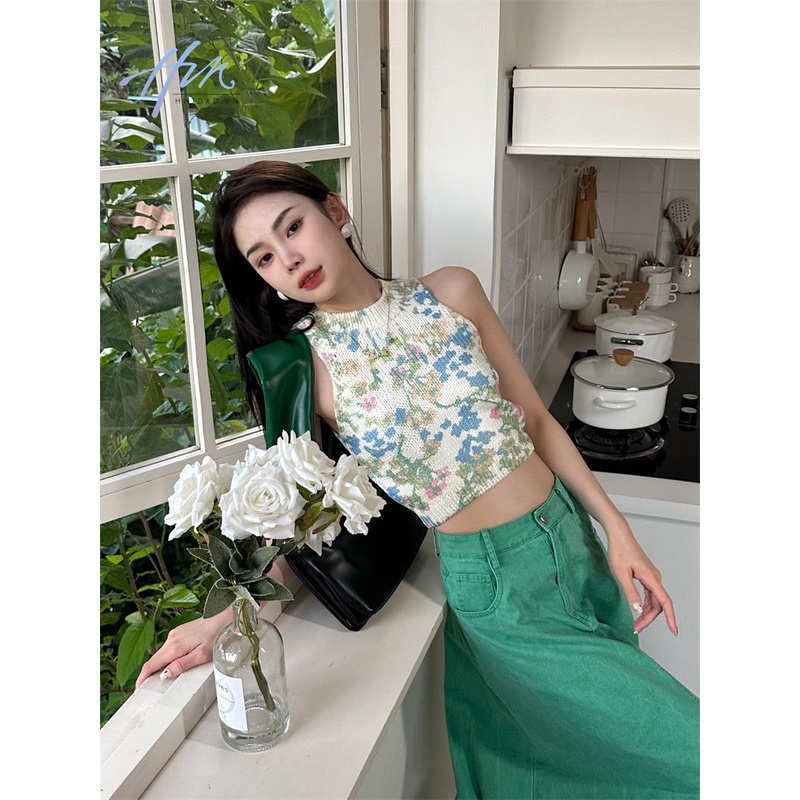 Áo Hai Dây Dệt Kim Họa Tiết Hoa Phong Cách Harajuku Ngọt Ngào Thời Trang Mùa Hè Cho Nữ