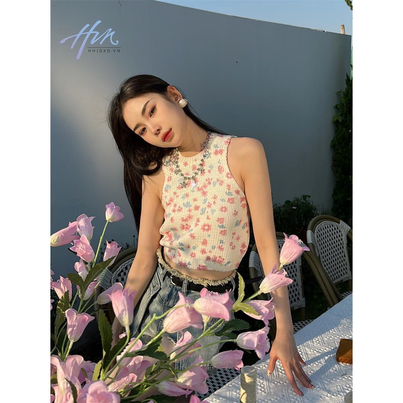 Áo Hai Dây Dệt Kim Họa Tiết Hoa Phong Cách Harajuku Ngọt Ngào Thời Trang Mùa Hè Cho Nữ