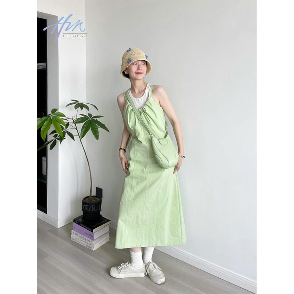 Đầm Hai Dây Buộc Dây Màu Xanh Lá Táo Phong Cách Retro Pháp Mùa Hè Mát Mẻ