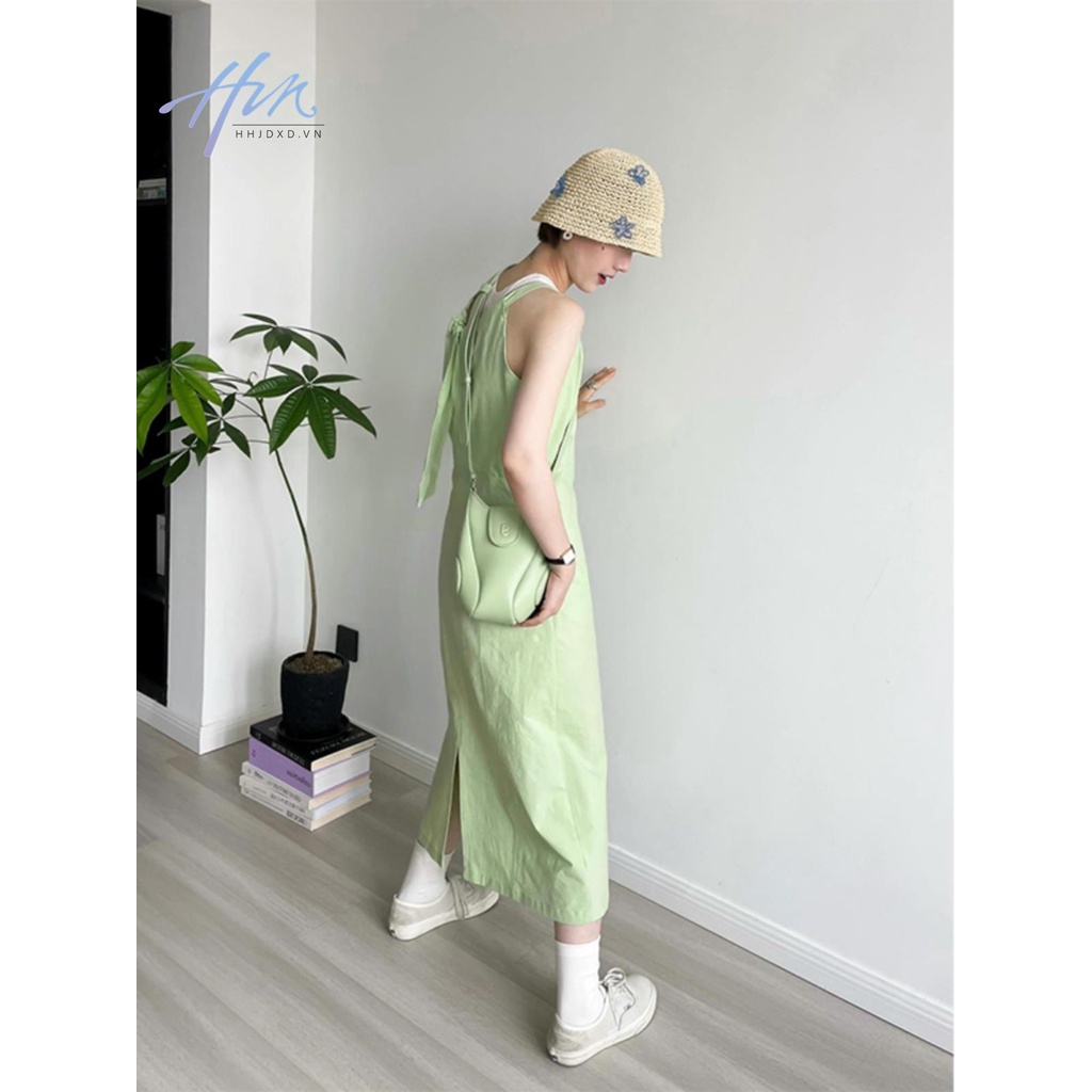 Đầm Hai Dây Buộc Dây Màu Xanh Lá Táo Phong Cách Retro Pháp Mùa Hè Mát Mẻ
