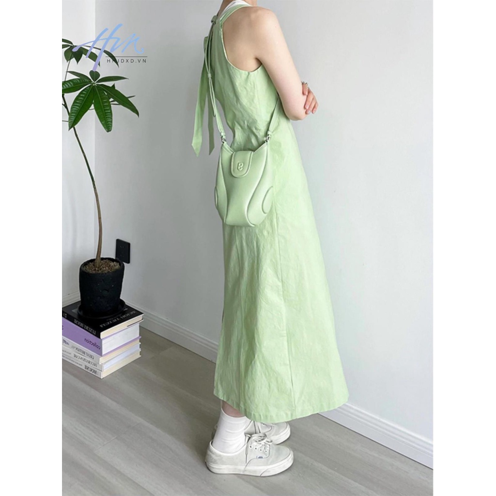 Đầm Hai Dây Buộc Dây Màu Xanh Lá Táo Phong Cách Retro Pháp Mùa Hè Mát Mẻ