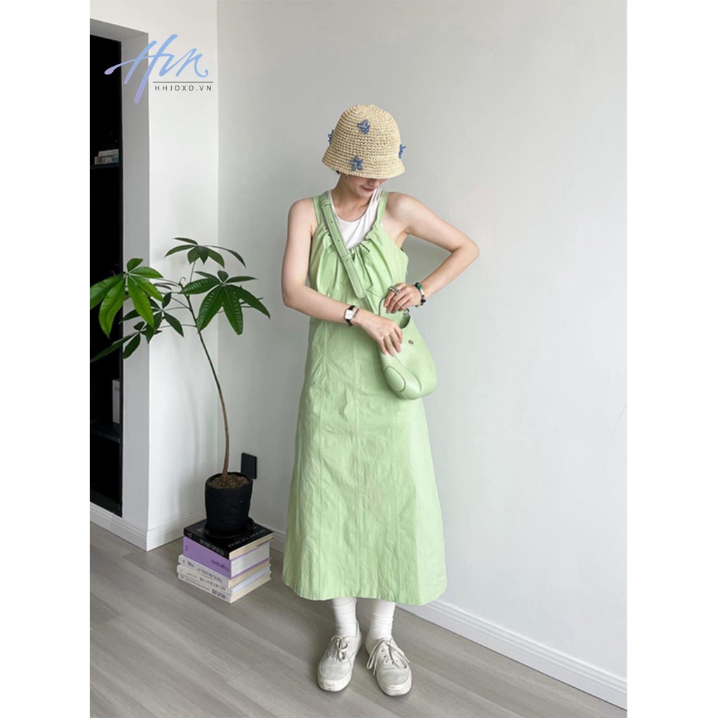 Đầm Hai Dây Buộc Dây Màu Xanh Lá Táo Phong Cách Retro Pháp Mùa Hè Mát Mẻ
