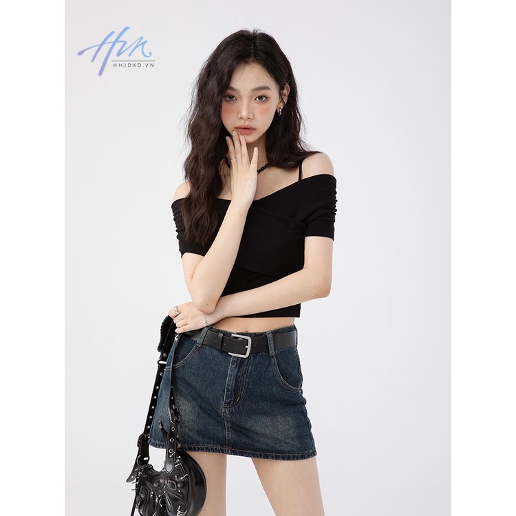 Áo Thun Tay Ngắn Lệch Vai Màu Đen Thời Trang Mùa Hè Quyến Rũ Cho Nữ