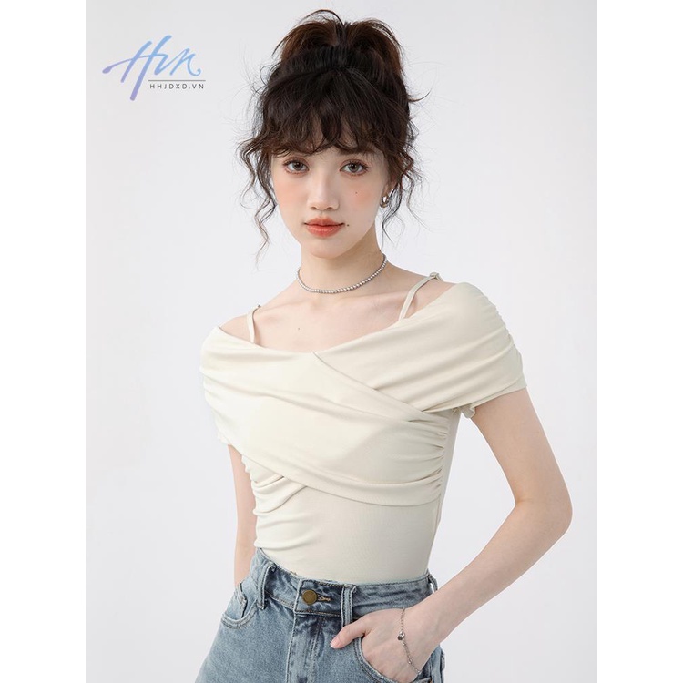 Áo Thun Tay Ngắn Lệch Vai Màu Đen Thời Trang Mùa Hè Quyến Rũ Cho Nữ