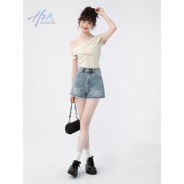 Áo Thun Tay Ngắn Lệch Vai Màu Đen Thời Trang Mùa Hè Quyến Rũ Cho Nữ