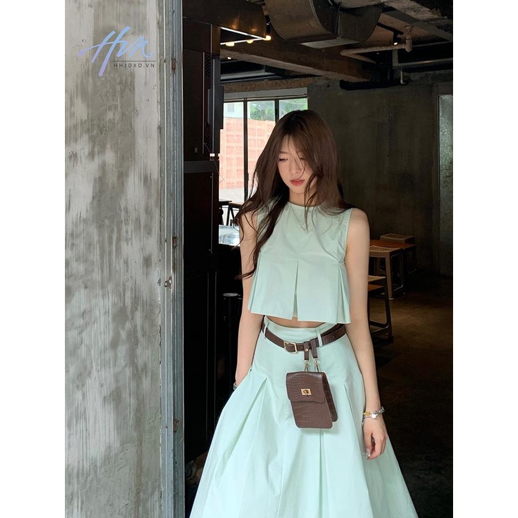 Set Áo Không Tay Xếp Ly Và Chân Váy Phong Cách Hàn Quốc Đơn Giản Cho Nữ