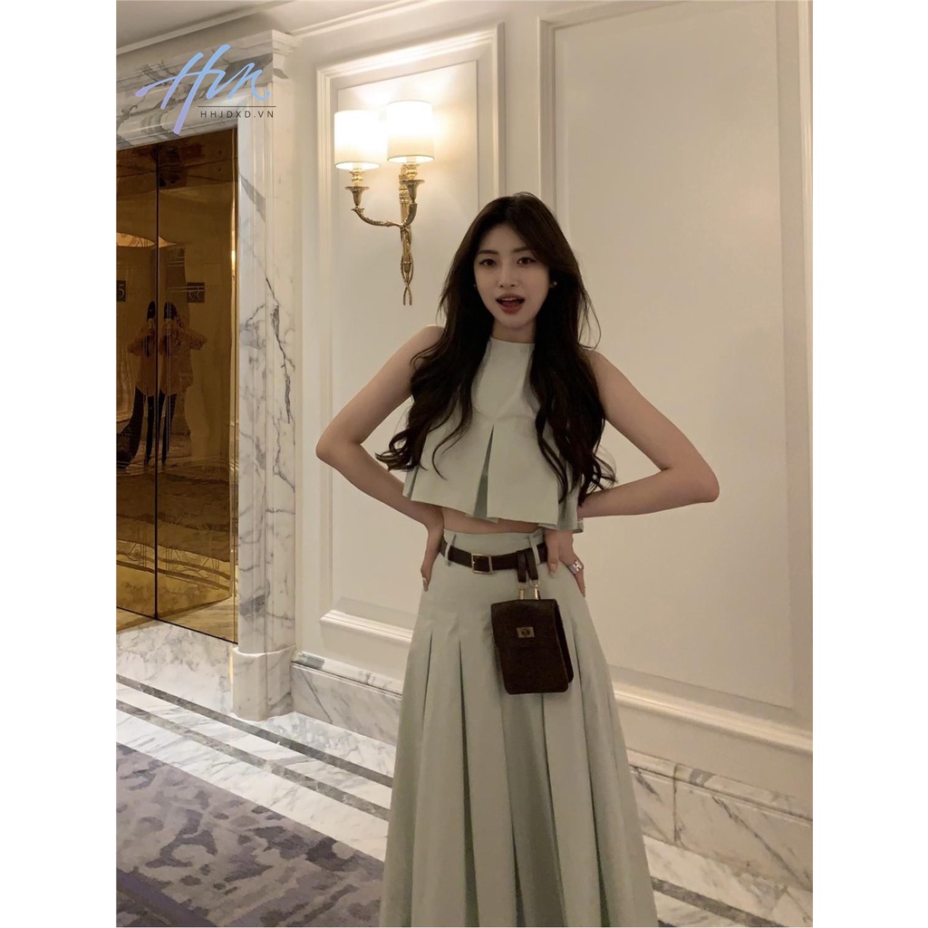 Set Áo Không Tay Xếp Ly Và Chân Váy Phong Cách Hàn Quốc Đơn Giản Cho Nữ