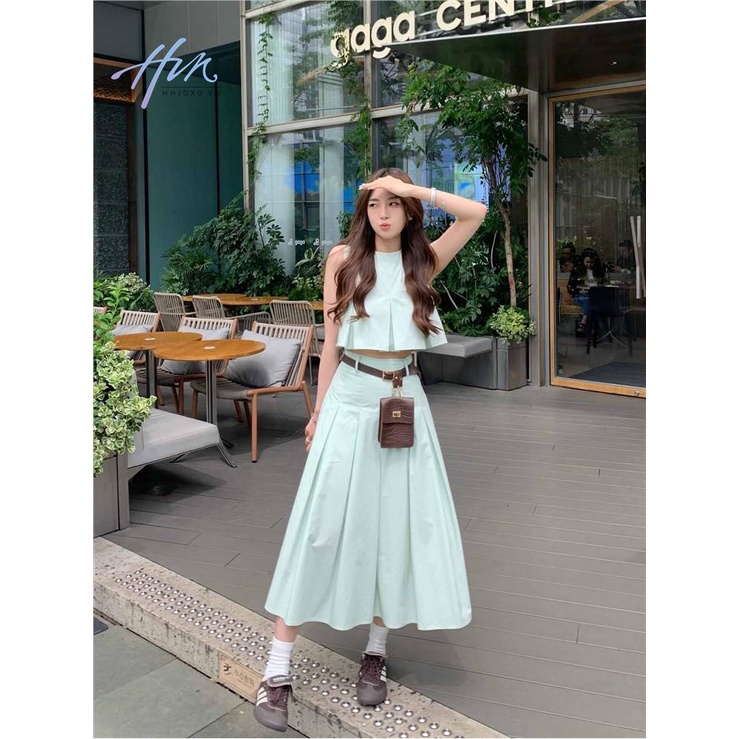 Set Áo Không Tay Xếp Ly Và Chân Váy Phong Cách Hàn Quốc Đơn Giản Cho Nữ