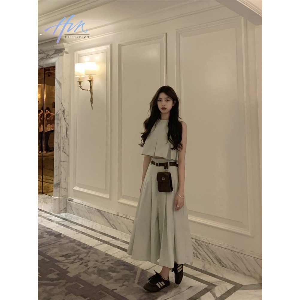 Set Áo Không Tay Xếp Ly Và Chân Váy Phong Cách Hàn Quốc Đơn Giản Cho Nữ