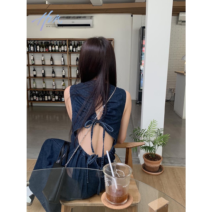 Đầm Denim Dài Không Tay Hở Lưng Phong Cách Pháp Ngọt Ngào Thời Trang Mùa Hè Cho Nữ