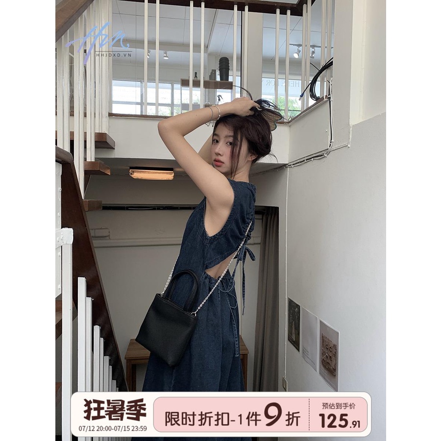 Đầm Denim Dài Không Tay Hở Lưng Phong Cách Pháp Ngọt Ngào Thời Trang Mùa Hè Cho Nữ