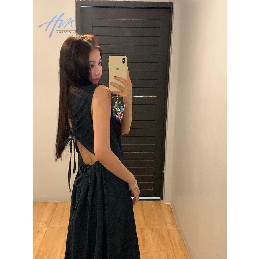 Đầm Denim Dài Không Tay Hở Lưng Phong Cách Pháp Ngọt Ngào Thời Trang Mùa Hè Cho Nữ