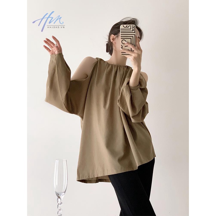 Áo Sơ Mi Tay Dài Hở Vai Dáng Rộng Phong Cách Pháp Thời Trang Xuân Thu Cho Nữ