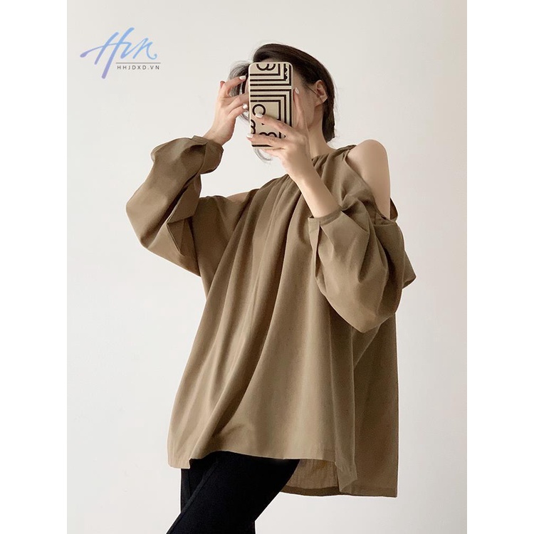 Áo Sơ Mi Tay Dài Hở Vai Dáng Rộng Phong Cách Pháp Thời Trang Xuân Thu Cho Nữ