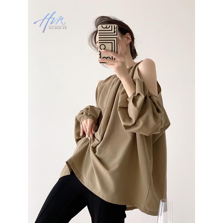 Áo Sơ Mi Tay Dài Hở Vai Dáng Rộng Phong Cách Pháp Thời Trang Xuân Thu Cho Nữ