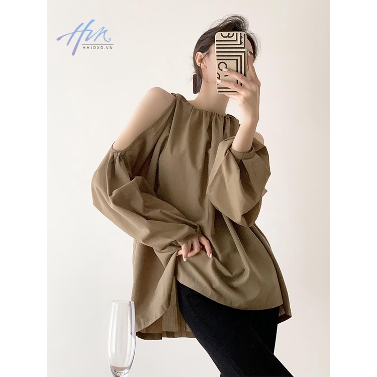 Áo Sơ Mi Tay Dài Hở Vai Dáng Rộng Phong Cách Pháp Thời Trang Xuân Thu Cho Nữ