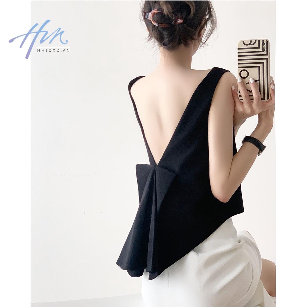 Áo Hai Dây Thắt Nơ Sau Lưng Màu Đen Thời Trang Mùa Hè Quyến Rũ Cho Nữ