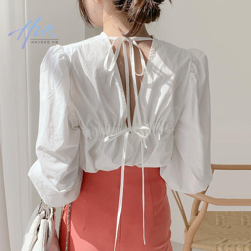 Áo Kiểu Hàn Quốc Cổ Tròn Dáng Rộng Màu Trơn Đính Nơ Sau Lưng Xinh Xắn