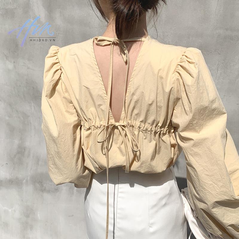 Áo Kiểu Hàn Quốc Cổ Tròn Dáng Rộng Màu Trơn Đính Nơ Sau Lưng Xinh Xắn