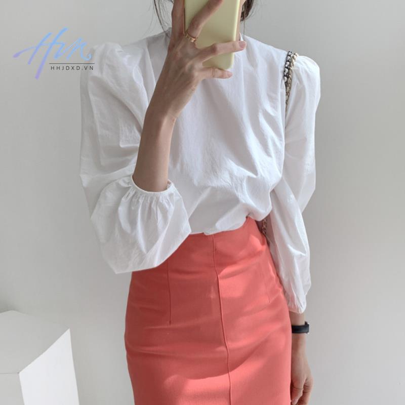 Áo Kiểu Hàn Quốc Cổ Tròn Dáng Rộng Màu Trơn Đính Nơ Sau Lưng Xinh Xắn