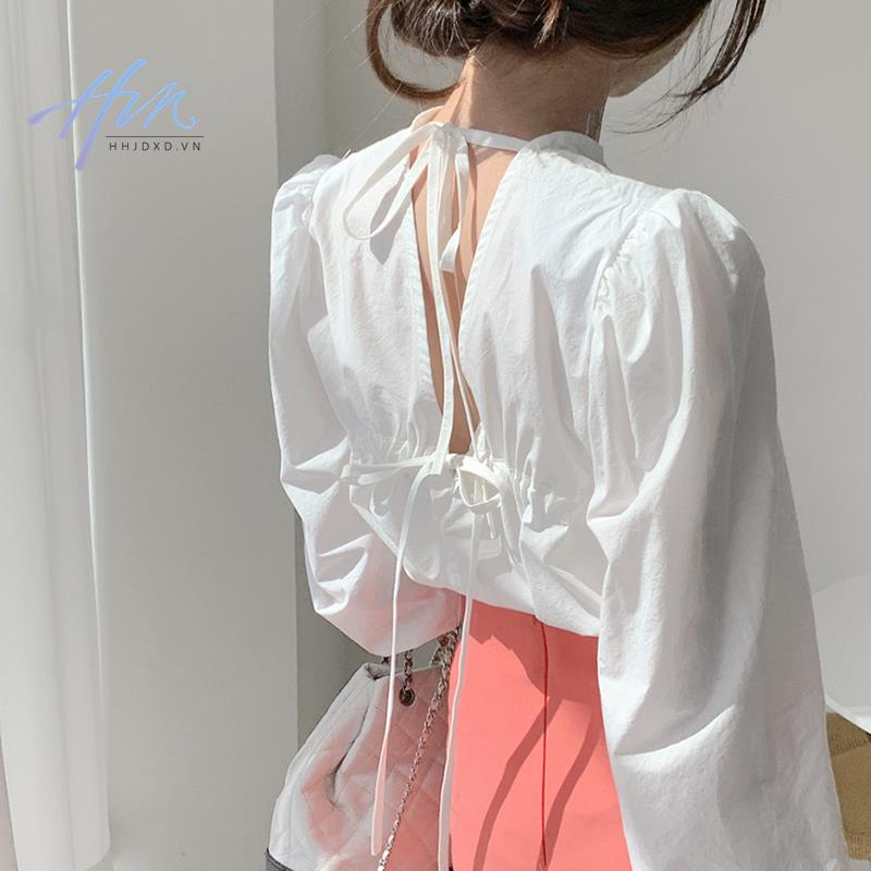 Áo Kiểu Hàn Quốc Cổ Tròn Dáng Rộng Màu Trơn Đính Nơ Sau Lưng Xinh Xắn