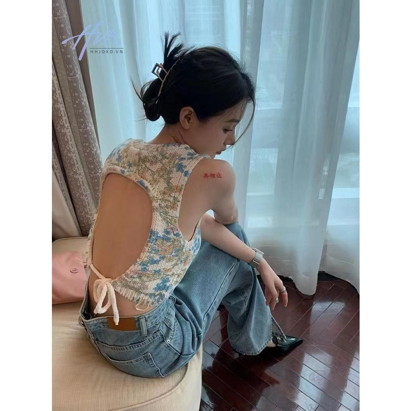 Áo Dệt Kim Cổ Chữ V Thắt Dây Sau Lưng Họa Tiết Hoa Nhỏ Dễ Phối Đồ