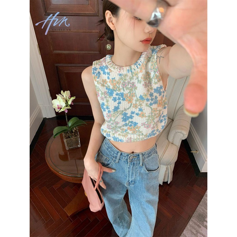 Áo Dệt Kim Cổ Chữ V Thắt Dây Sau Lưng Họa Tiết Hoa Nhỏ Dễ Phối Đồ