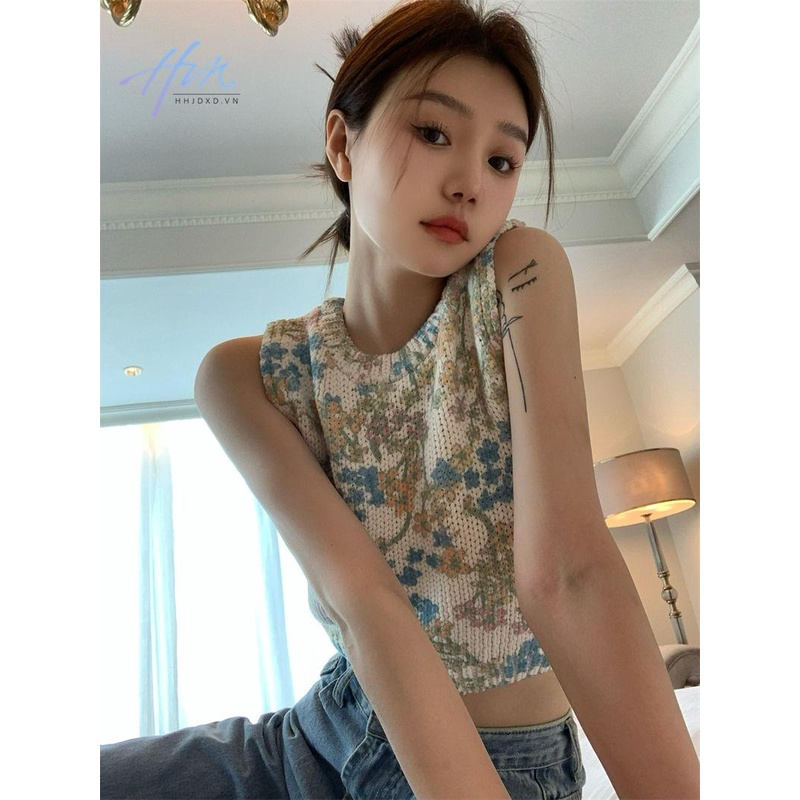 Áo Dệt Kim Cổ Chữ V Thắt Dây Sau Lưng Họa Tiết Hoa Nhỏ Dễ Phối Đồ