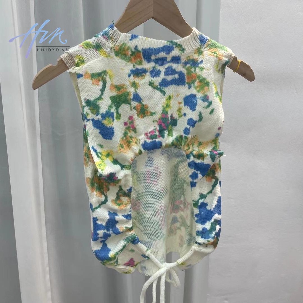 Áo Dệt Kim Cổ Chữ V Thắt Dây Sau Lưng Họa Tiết Hoa Nhỏ Dễ Phối Đồ