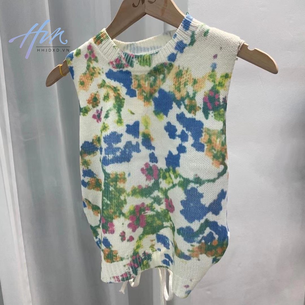 Áo Dệt Kim Cổ Chữ V Thắt Dây Sau Lưng Họa Tiết Hoa Nhỏ Dễ Phối Đồ